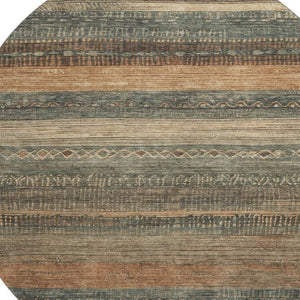 HomeRoots 8' Fern Green & Copper Geometric Washable Round Rug - Durable, UV-Protected & Stylish for Any Space 705614