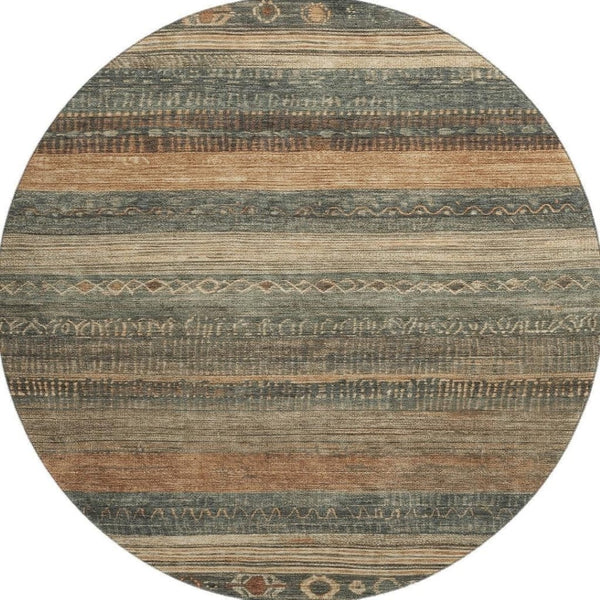 HomeRoots 8' Fern Green & Copper Geometric Washable Round Rug - Durable, UV-Protected & Stylish for Any Space 705614