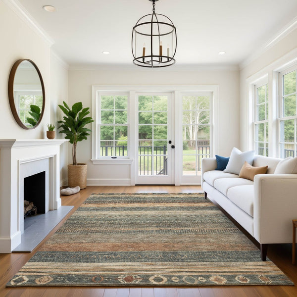 HomeRoots 10' Geometric Fern Green & Copper Area Rug - Washable, Stain-Resistant, UV Protected for Homes 705617