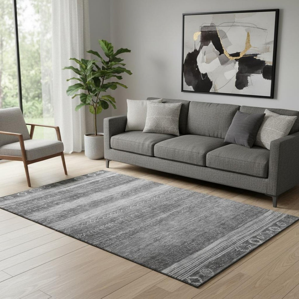HomeRoots 5' X 8' Gray and Silver Geometric Area Rug – Stylish, Washable, UV-Protected, Family-Friendly Design! 705619