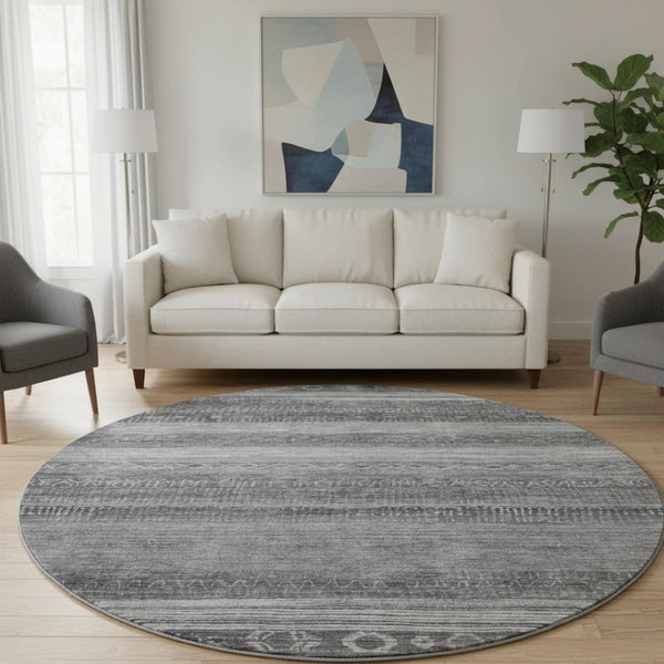 HomeRoots 8' Gray and Silver Geometric Round Rug - Stylish, Washable, UV-Protected for Indoor & Outdoor Use 705620