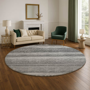 HomeRoots 8' Gray and Silver Geometric Round Rug - Stylish, Washable, UV-Protected for Indoor & Outdoor Use 705620