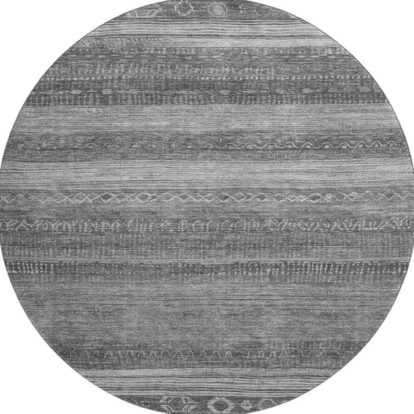 HomeRoots 8' Gray and Silver Geometric Round Rug - Stylish, Washable, UV-Protected for Indoor & Outdoor Use 705620