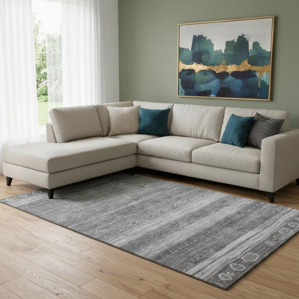 HomeRoots 8' X 10' Gray and Silver Geometric Area Rug - Washable, UV Protected, Durable for Modern Homes 705621