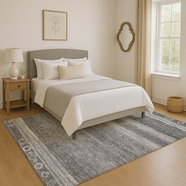 HomeRoots 9' X 12' Stylish Gray & Silver Geometric Washable Area Rug with UV Protection for High-Traffic Rooms 705622