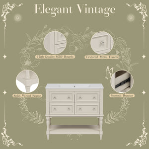 English Elm 36" Bathroom Vanity with Sink Combo, 36" Ceramic Undermount Basin, Solid Wood Frame, 4 Drawers, Waterproof Painted Finish Beige N710P250654Y