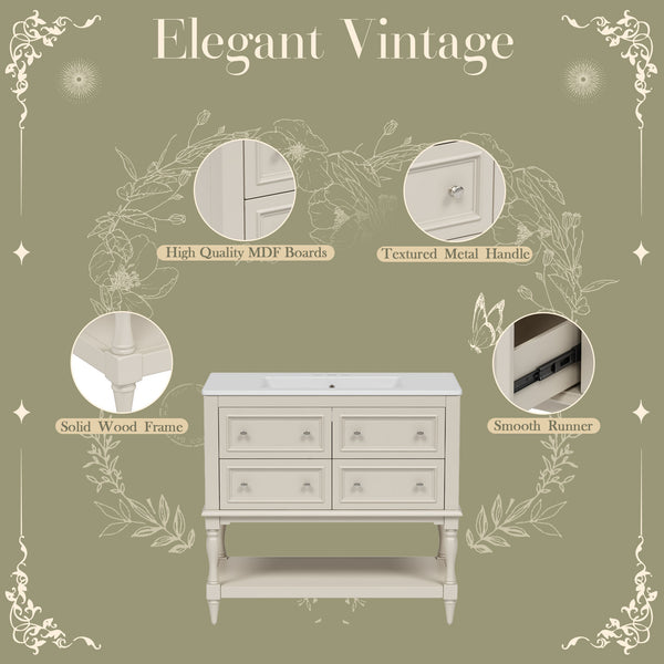 English Elm 36" Bathroom Vanity with Sink Combo, 36" Ceramic Undermount Basin, Solid Wood Frame, 4 Drawers, Waterproof Painted Finish Beige N710P250654Y