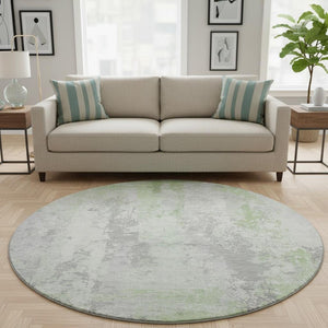 HomeRoots 8' Artichoke Green & Ivory Abstract Round Rug - UV Protected, Stain-Resistant, Modern Design 705626