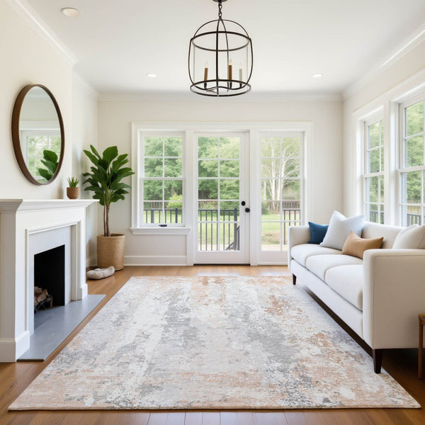 HomeRoots 8' X 10' Coral and Ivory Abstract Area Rug - Washable, UV-Protected, Stylish, Durable for Homes 705633