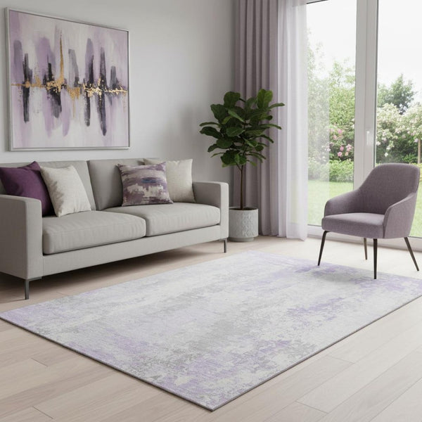 HomeRoots 5' X 8' Modern Lavender & Ivory Abstract Washable Area Rug with UV Protection for Homes & Kids 705637