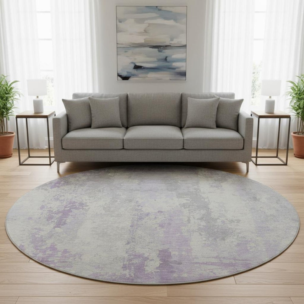 HomeRoots 8' Lavender and Ivory Abstract Round Rug – Stylish, Easy-Clean, UV-Protected for Kids & Pets 705638