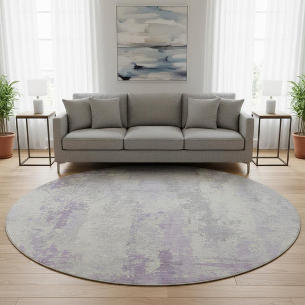 HomeRoots 8' Lavender and Ivory Abstract Round Rug – Stylish, Easy-Clean, UV-Protected for Kids & Pets 705638