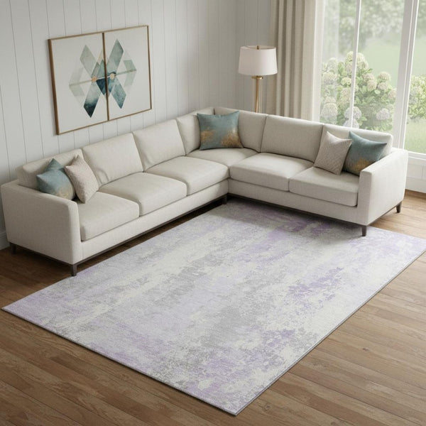 HomeRoots 9' X 12' Lavender and Ivory Abstract Area Rug – Stylish, Washable, UV-Protected for Homes with Kids & Pets 705640