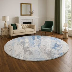 HomeRoots 8' Sky Blue and Ivory Abstract Washable Round Rug – UV Protected, Stain-Resistant, Modern Design 705644