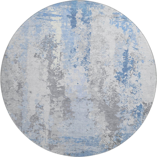 HomeRoots 8' Sky Blue and Ivory Abstract Washable Round Rug – UV Protected, Stain-Resistant, Modern Design 705644