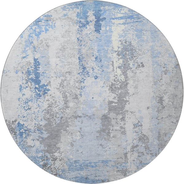 HomeRoots 8' Sky Blue and Ivory Abstract Washable Round Rug – UV Protected, Stain-Resistant, Modern Design 705644