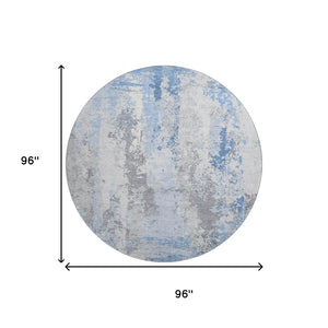 HomeRoots 8' Sky Blue and Ivory Abstract Washable Round Rug – UV Protected, Stain-Resistant, Modern Design 705644