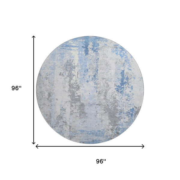 HomeRoots 8' Sky Blue and Ivory Abstract Washable Round Rug – UV Protected, Stain-Resistant, Modern Design 705644