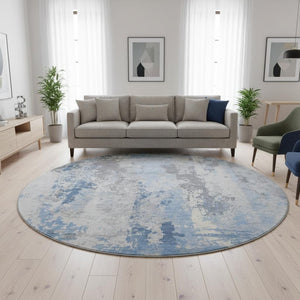 HomeRoots 8' Sky Blue and Ivory Abstract Washable Round Rug – UV Protected, Stain-Resistant, Modern Design 705644