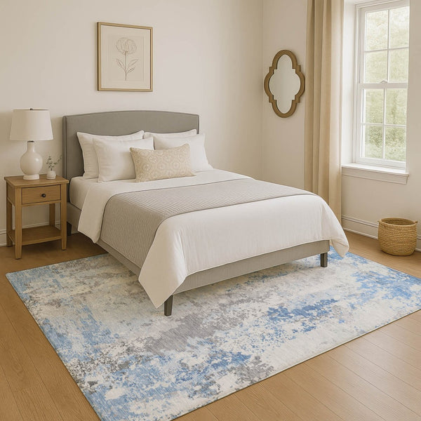 HomeRoots 9' X 12' Sky Blue & Ivory Abstract Area Rug - Durable, Washable, Stain-Resistant with UV Protection 705646