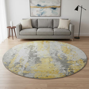 HomeRoots 8' Yellow Abstract Round Rug - Washable, UV Protected, Soft Polyester for High-Traffic Spaces! 705650