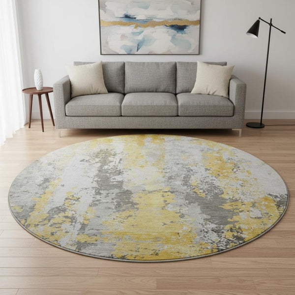 HomeRoots 8' Yellow Abstract Round Rug - Washable, UV Protected, Soft Polyester for High-Traffic Spaces! 705650