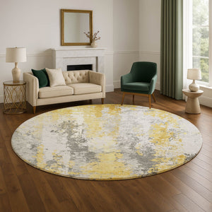 HomeRoots 8' Yellow Abstract Round Rug - Washable, UV Protected, Soft Polyester for High-Traffic Spaces! 705650