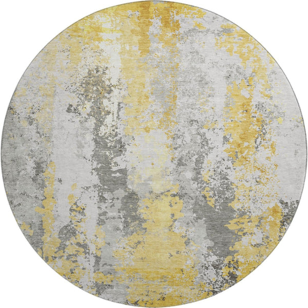 HomeRoots 8' Yellow Abstract Round Rug - Washable, UV Protected, Soft Polyester for High-Traffic Spaces! 705650