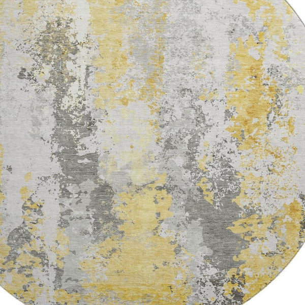 HomeRoots 8' Yellow Abstract Round Rug - Washable, UV Protected, Soft Polyester for High-Traffic Spaces! 705650