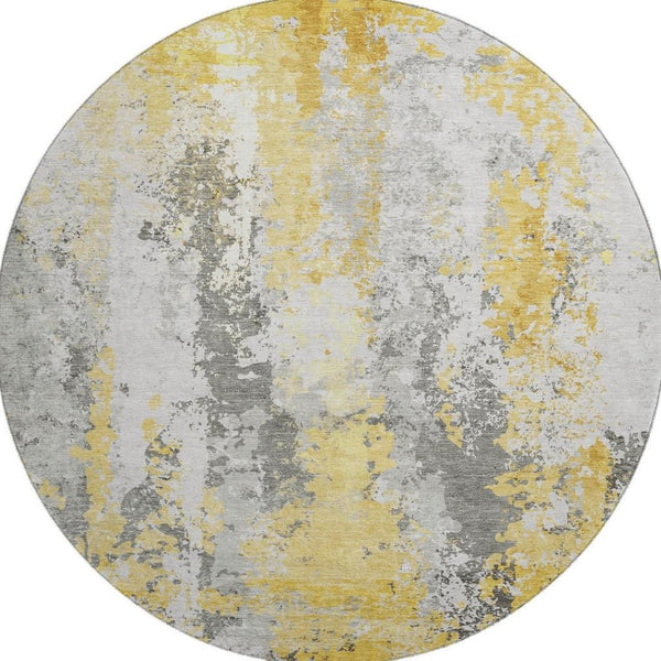 HomeRoots 8' Yellow Abstract Round Rug - Washable, UV Protected, Soft Polyester for High-Traffic Spaces! 705650
