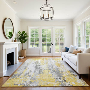 HomeRoots 9' X 12' Washable Yellow and Ivory Abstract Area Rug with UV Protection for Family-Friendly Spaces 705652