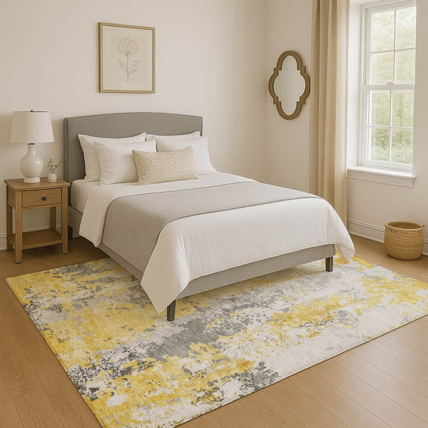HomeRoots 10' X 14' Yellow And Ivory Abstract Washable Area Rug – Durable, Stylish, UV-Protected for Homes 705653