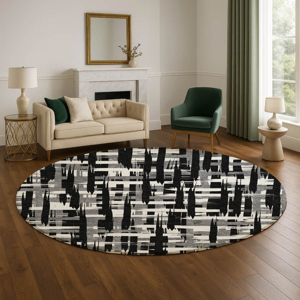HomeRoots 8' Black and Ivory Striped Round Rug - Washable, UV-Protected, Durable, Perfect for Busy Homes! 705656