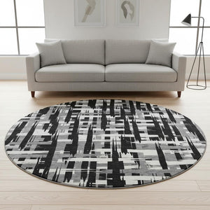 HomeRoots 8' Black and Ivory Striped Round Rug - Washable, UV-Protected, Durable, Perfect for Busy Homes! 705656