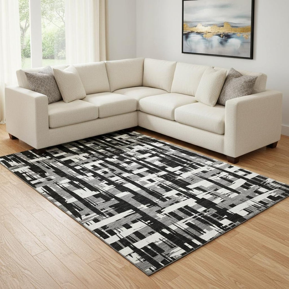 HomeRoots 8' X 10' Striped Black and Ivory Washable Area Rug with UV Protection for High-Traffic Rooms 705657