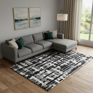 HomeRoots 9' X 12' Black And Ivory Striped Washable Area Rug - Durable, UV Protected, Perfect for Family Spaces 705658