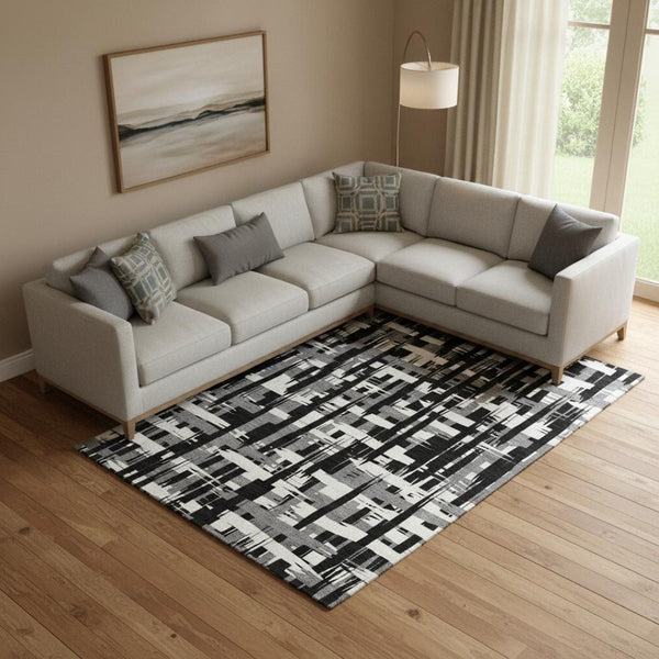 HomeRoots 10' X 14' Black And Ivory Striped Washable Area Rug with UV Protection - Stylish, Durable, and Versatile! 705659
