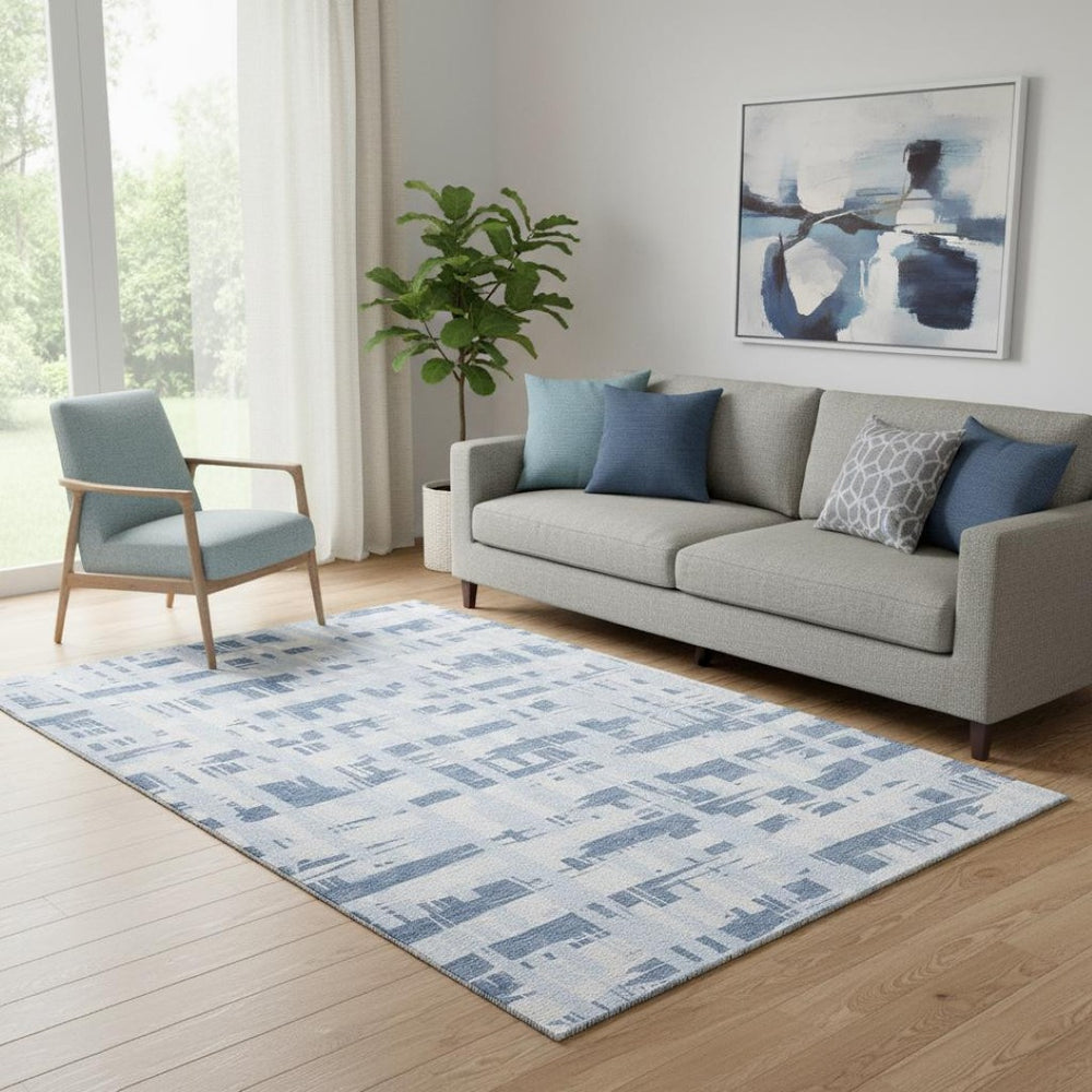 HomeRoots 5' X 8' Coastal Blue & Ivory Striped Washable Area Rug with UV Protection for Easy Maintenance & Style 705661