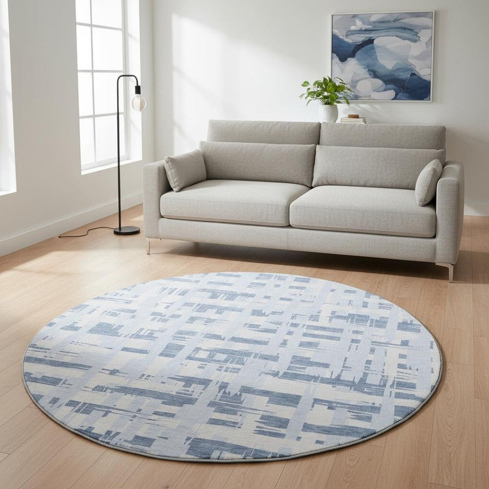 HomeRoots 8' Blue And Ivory Striped Washable Round Rug – Durable, UV-Protected, Perfect for Coastal Spaces! 705662