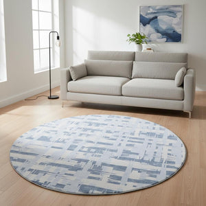 HomeRoots 8' Blue And Ivory Striped Washable Round Rug – Durable, UV-Protected, Perfect for Coastal Spaces! 705662