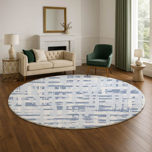 HomeRoots 8' Blue And Ivory Striped Washable Round Rug – Durable, UV-Protected, Perfect for Coastal Spaces! 705662