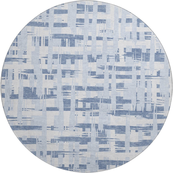 HomeRoots 8' Blue And Ivory Striped Washable Round Rug – Durable, UV-Protected, Perfect for Coastal Spaces! 705662