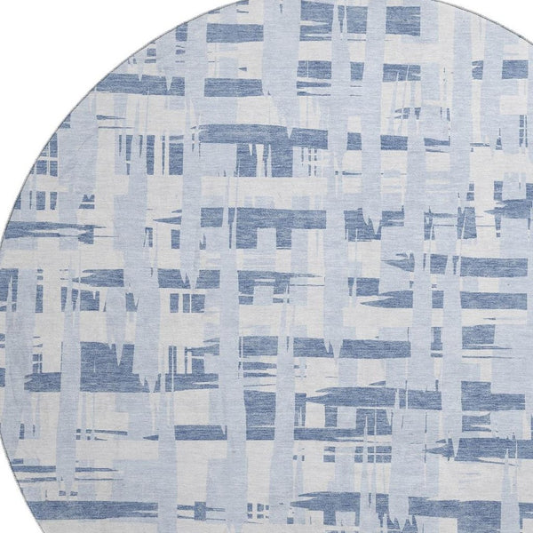 HomeRoots 8' Blue And Ivory Striped Washable Round Rug – Durable, UV-Protected, Perfect for Coastal Spaces! 705662