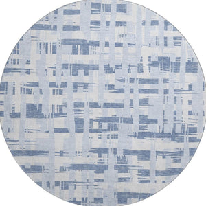 HomeRoots 8' Blue And Ivory Striped Washable Round Rug – Durable, UV-Protected, Perfect for Coastal Spaces! 705662