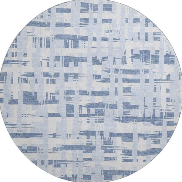 HomeRoots 8' Blue And Ivory Striped Washable Round Rug – Durable, UV-Protected, Perfect for Coastal Spaces! 705662