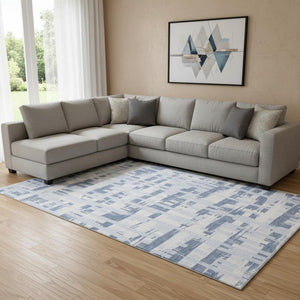 HomeRoots 8' X 10' Striped Washable Area Rug - Stylish Blue & Ivory with UV Protection for High-Traffic Spaces 705663