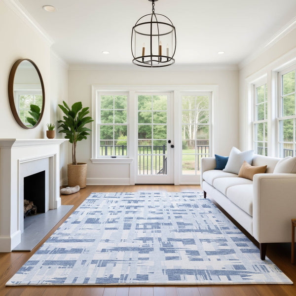 HomeRoots 10' X 14' Blue Striped Area Rug - Washable, UV Protected, Durable & Family-Friendly for Any Space 705665
