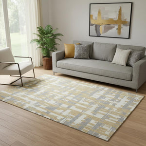 HomeRoots 5' X 8' Striped Gold Ivory Gray Washable Area Rug with UV Protection for Modern Home Decor Elegance 705667