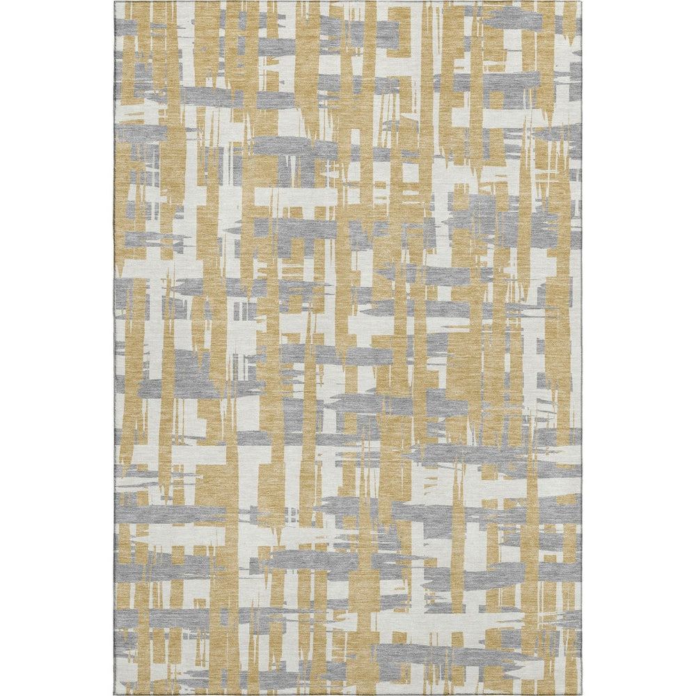 HomeRoots 5' X 8' Striped Gold Ivory Gray Washable Area Rug with UV Protection for Modern Home Decor Elegance 705667