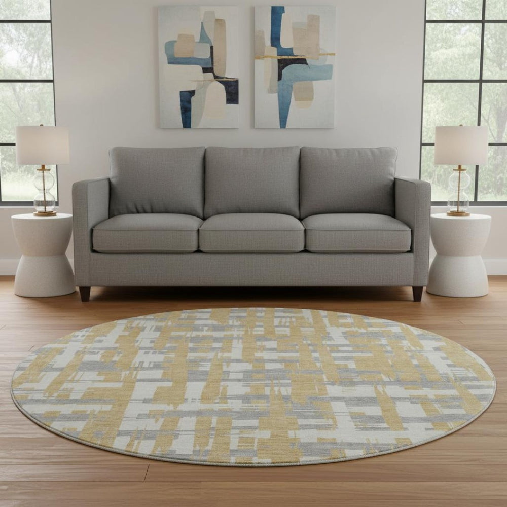 HomeRoots 8' Gold, Ivory & Gray Striped Round Rug - Washable, UV-Protected, Durable for Kids & Pets! 705668